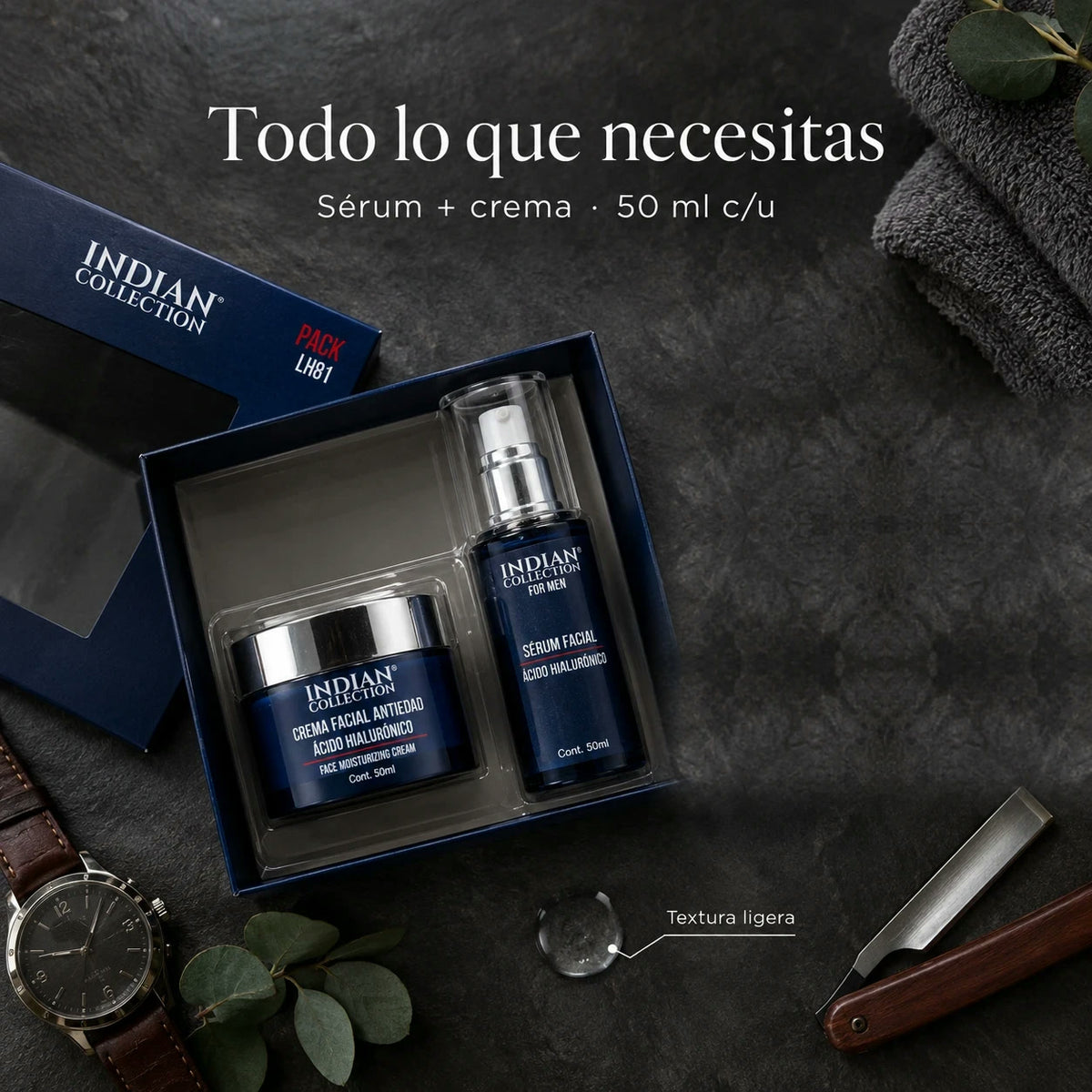 Contenido del pack: sérum 50 ml y crema 50 ml en caja